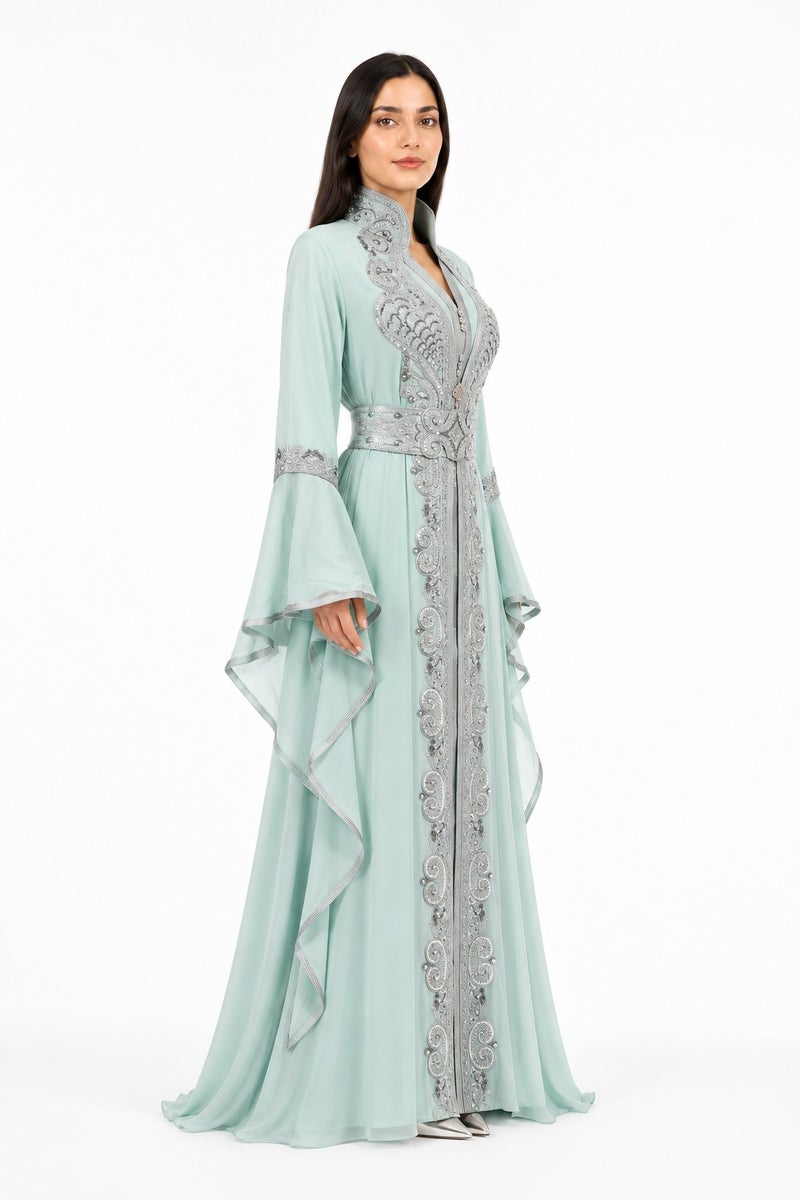 Mohamed Zahabi Women’s Maxi Kaftan with Embroidery, Rhinestones and Butterfly Sleeves – Mint Green - Image 3