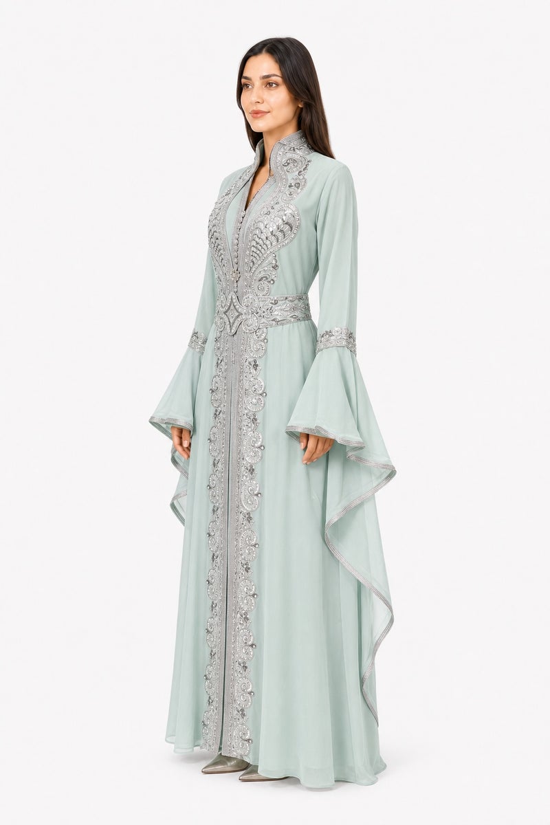 Mohamed Zahabi Women’s Maxi Kaftan with Embroidery, Rhinestones and Butterfly Sleeves – Mint Green - Image 2