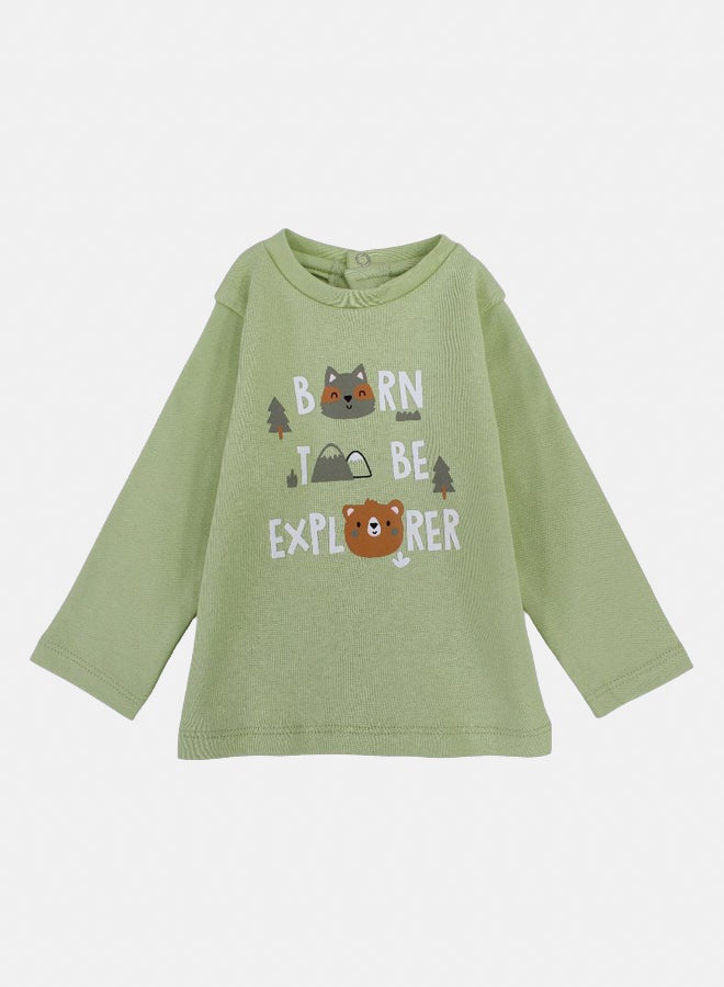 بمبيلو تيشيرت قطني للاولاد الصغار الصغار – أخضر مع طباعة "مولود للاستكشاف" - Image 1