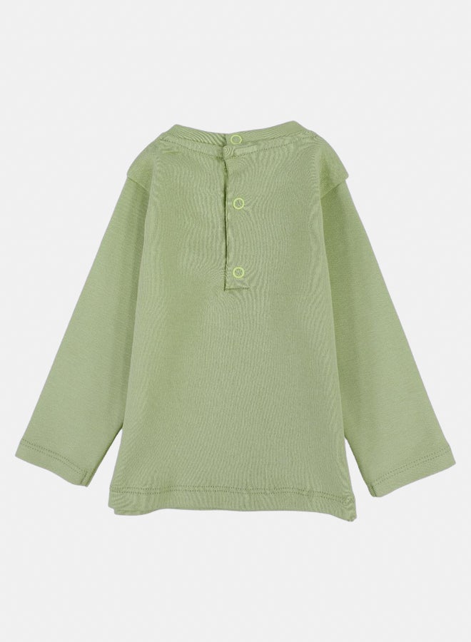 بمبيلو تيشيرت قطني للاولاد الصغار الصغار – أخضر مع طباعة "مولود للاستكشاف" - Image 2