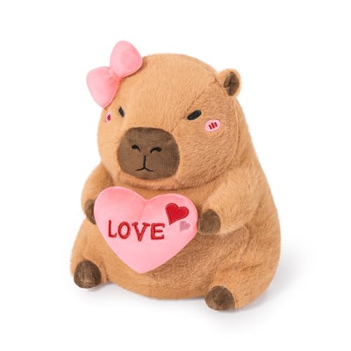 Ditucu Original Love Capybara Plush with Holding Heart 11 inch Cute Bow Stuffed Animal Soft Plushies Toys Romantic Sweet Valentines Day Gifts for Kids Girlfriend Brown - Image 1