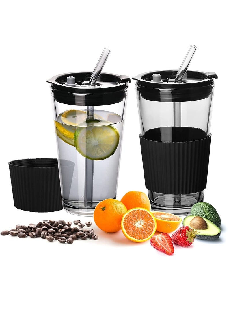 Y&D Tumbler with Lid and Straw, Leakproof Glass Cups Lids Straws, 3-Way to Drink Drinking Glasses, Iced Coffee Cup Silicone Sleeve Tumbler, Boba for Travel Office Home Picnic (black)  - Image 1
