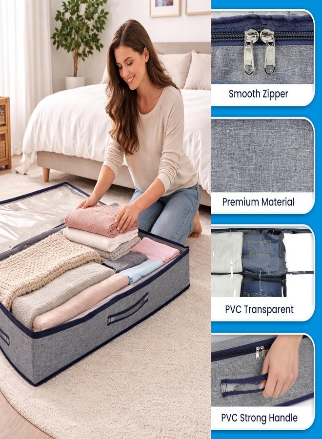 Storite 53 L Foldable Underbed Storage Bag - Blankets Clothes Comforters Breathable Zippered Organizer for Bedroom with Transparent Window and Carry Handles (99 x 49 x 11 CM -Bluegrey) - Image 5