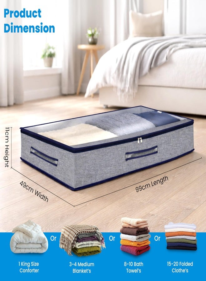 Storite 53 L Foldable Underbed Storage Bag - Blankets Clothes Comforters Breathable Zippered Organizer for Bedroom with Transparent Window and Carry Handles (99 x 49 x 11 CM -Bluegrey) - Image 2