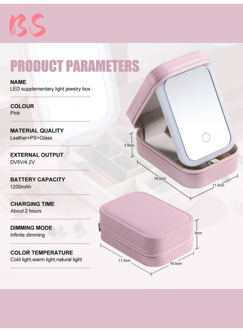 بي إس صندوق مجوهرات/حقيبة مستحضرات تجميل للسفر مزود بإضاءة LED ثلاثية الألوان | مرآة LED مدمجة | تصميم مقاوم للغبار | صندوق تخزين مجوهرات ومستحضرات تجميل متعدد الاستخدامات | حقيبة مكياج صغيرة بمرآة مضيئة | مرآة بإضاءة تعبئة قابلة للتعديل بثلاثة ألوان | قابلة لإعادة الشحن | صندوق تخزين أدوات التجميل للنساء | ضروري للسفر. - Image 2