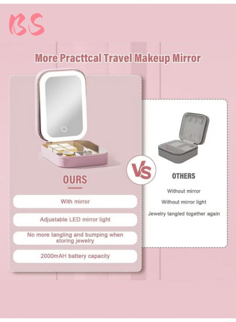 بي إس صندوق مجوهرات/حقيبة مستحضرات تجميل للسفر مزود بإضاءة LED ثلاثية الألوان | مرآة LED مدمجة | تصميم مقاوم للغبار | صندوق تخزين مجوهرات ومستحضرات تجميل متعدد الاستخدامات | حقيبة مكياج صغيرة بمرآة مضيئة | مرآة بإضاءة تعبئة قابلة للتعديل بثلاثة ألوان | قابلة لإعادة الشحن | صندوق تخزين أدوات التجميل للنساء | ضروري للسفر. - Image 3