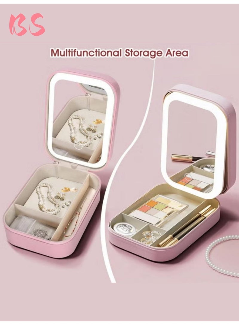 بي إس صندوق مجوهرات/حقيبة مستحضرات تجميل للسفر مزود بإضاءة LED ثلاثية الألوان | مرآة LED مدمجة | تصميم مقاوم للغبار | صندوق تخزين مجوهرات ومستحضرات تجميل متعدد الاستخدامات | حقيبة مكياج صغيرة بمرآة مضيئة | مرآة بإضاءة تعبئة قابلة للتعديل بثلاثة ألوان | قابلة لإعادة الشحن | صندوق تخزين أدوات التجميل للنساء | ضروري للسفر. - Image 4