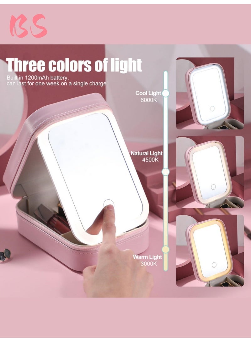 بي إس صندوق مجوهرات/حقيبة مستحضرات تجميل للسفر مزود بإضاءة LED ثلاثية الألوان | مرآة LED مدمجة | تصميم مقاوم للغبار | صندوق تخزين مجوهرات ومستحضرات تجميل متعدد الاستخدامات | حقيبة مكياج صغيرة بمرآة مضيئة | مرآة بإضاءة تعبئة قابلة للتعديل بثلاثة ألوان | قابلة لإعادة الشحن | صندوق تخزين أدوات التجميل للنساء | ضروري للسفر. - Image 5