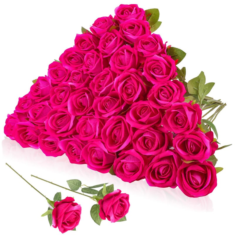 Hoemwarm 36 Pcs Velvet Silk Hot Pink Rose Bouquet Bridal Artificial FlowersFake Rose Long Stem Realistic Artificial Flowers Bulk for Wedding Bouquet Ball Arrangement Centerpiece Party DecorHot Pink