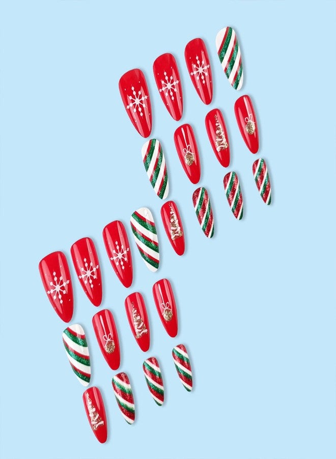 WAFOLOZE Christmas Press On Nails Almond, Christmas Nails Glue On，24Pcs Christmas Fake Nails With Glue, Red Christmas Nails Press On With Red and Green Glitter Color Stripes Design，Stick On Nails for Women - Image 4
