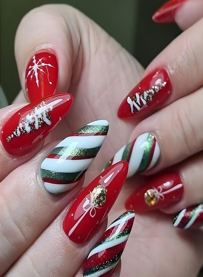 WAFOLOZE Christmas Press On Nails Almond, Christmas Nails Glue On，24Pcs Christmas Fake Nails With Glue, Red Christmas Nails Press On With Red and Green Glitter Color Stripes Design，Stick On Nails for Women - Image 1