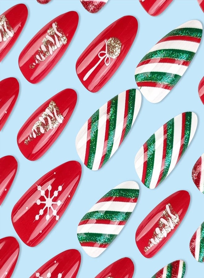 WAFOLOZE Christmas Press On Nails Almond, Christmas Nails Glue On，24Pcs Christmas Fake Nails With Glue, Red Christmas Nails Press On With Red and Green Glitter Color Stripes Design，Stick On Nails for Women - Image 3
