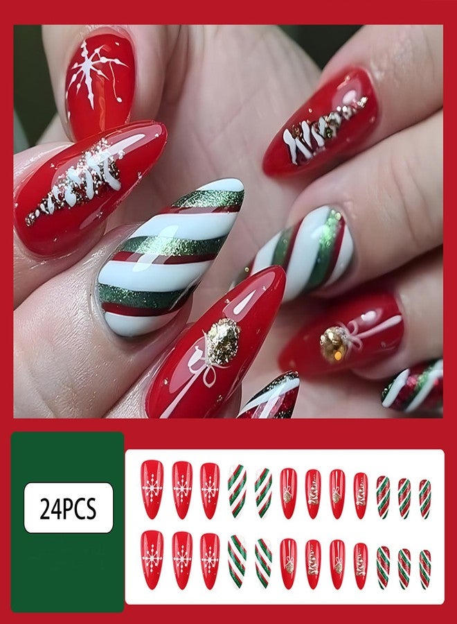 WAFOLOZE Christmas Press On Nails Almond, Christmas Nails Glue On，24Pcs Christmas Fake Nails With Glue, Red Christmas Nails Press On With Red and Green Glitter Color Stripes Design，Stick On Nails for Women - Image 2