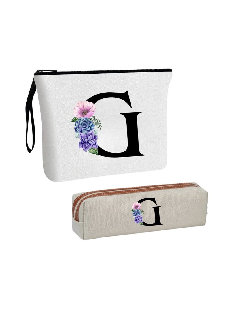 PRINTSHOP4ME Initial Monogram Cosmetic Bag And Floral Pencil Pouch-A-Z Letter Monogram Set For Girls&Women-Gift Set For Friends,Daughters Or Coworkers-Ideal For School,Work&Travel - Image 1