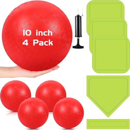 HI-BOOM Hiboom 10 Pcs Kickball Set Includes 10 Inches Dodgeball Playground Balls 5 Rubber Throw Down Bases Needles and Ball Pump for Boys Girls Adults Backyard Game Camps Picnic Schoolyard SummerGreen - Image 1