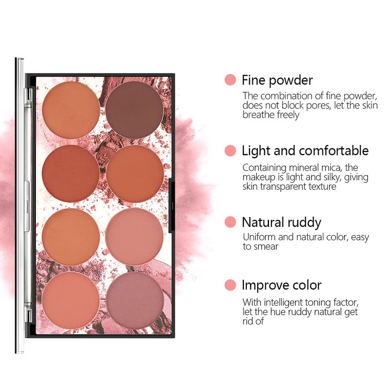 NewBang 8 Colors Blush Palette, Matte Mineral Blush Powder Bright Shimmer Face Blush,Contour and Highlight Blush Palette,Professional Facial Beauty Cosmetic Makeup Blush - Image 3