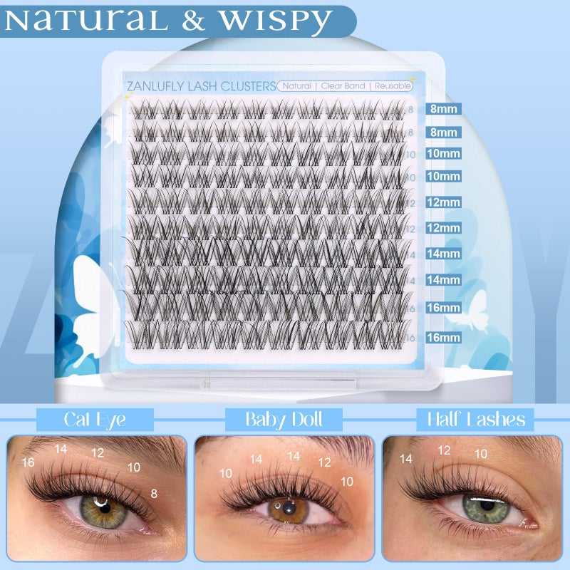 zanlufly Natural Lash Clusters Kit Invisible Band Eyelash Clusters DIY Lash Extension Kit Wispy Eyelash Extension Kit Clear Band Cluster Lashes with Lash Glue, Brush and Tweezers by ZANLUFLY(8-16mm) - Image 2
