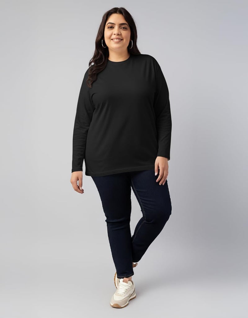JUNEBERRY® Pure Cotton Oversized Baggy Fit Core Solid Full Sleeve Plus Size T-Shirt for Women & Girls (JB_PS_FS_BK_XXL) Black - Image 5