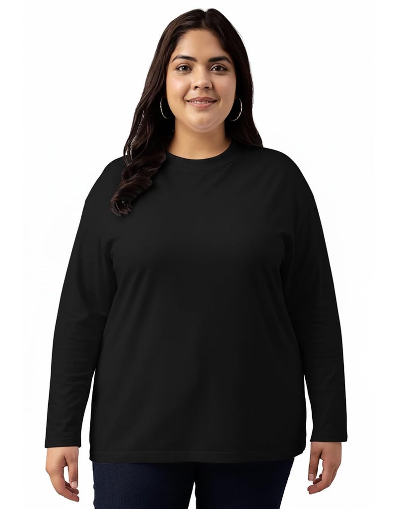 JUNEBERRY® Pure Cotton Oversized Baggy Fit Core Solid Full Sleeve Plus Size T-Shirt for Women & Girls (JB_PS_FS_BK_XXL) Black - Image 1