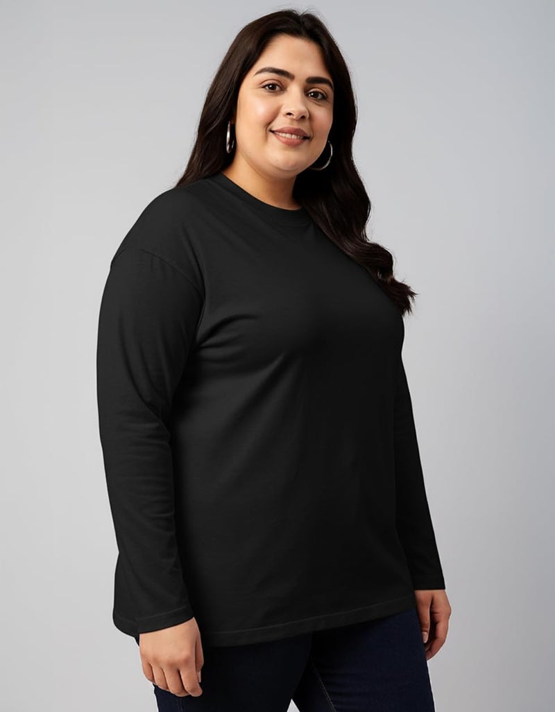 JUNEBERRY® Pure Cotton Oversized Baggy Fit Core Solid Full Sleeve Plus Size T-Shirt for Women & Girls (JB_PS_FS_BK_XXL) Black - Image 3