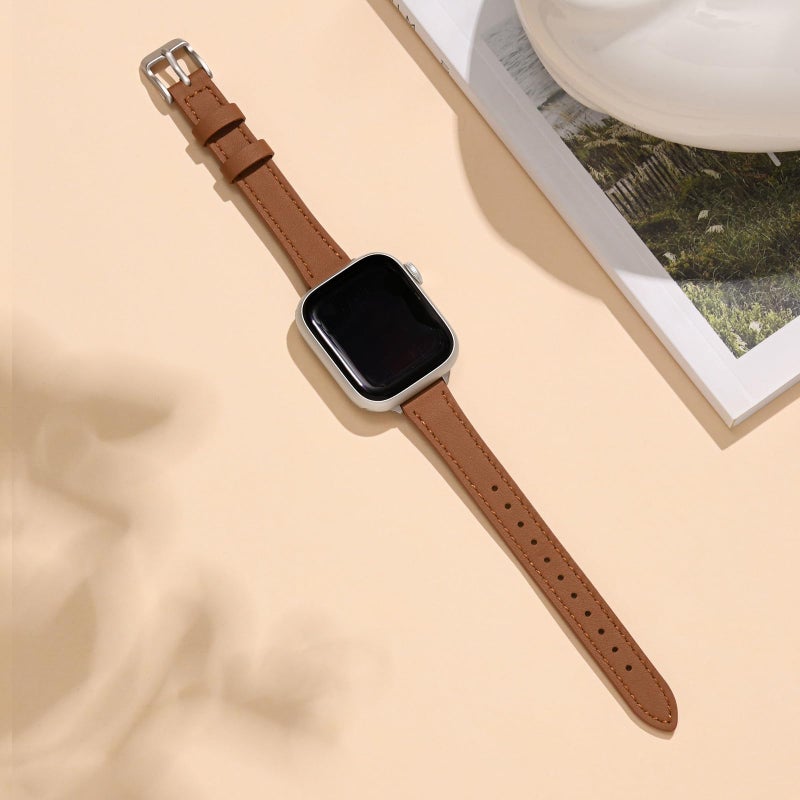 STIROLL Slim Leather Bands Compatible with Apple Watch Band 38mm 40mm 41mm 42mm(Series 11 10), Top Grain Leather Watch Thin Wristband for iWatch SE 9 8 7 6 5 4 3 2 1 (Brown Starlight) - Image 4