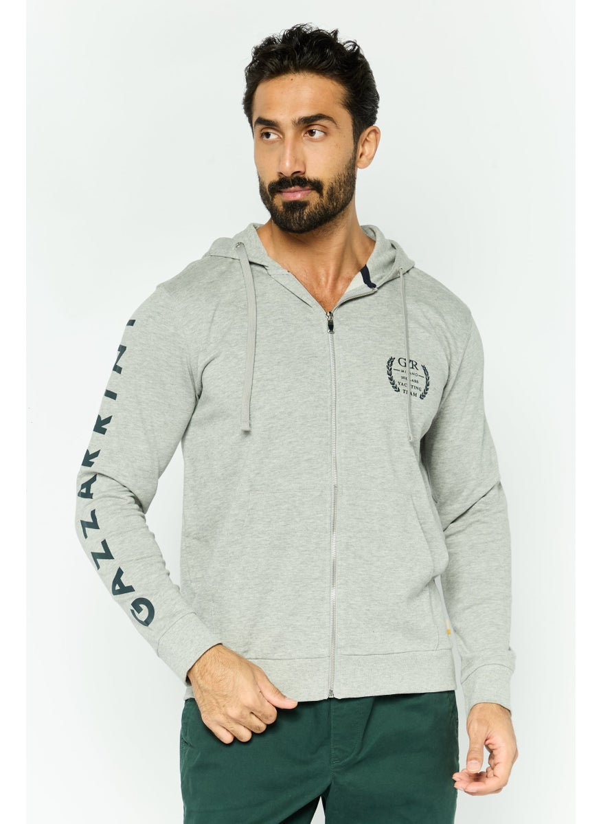 Gazzarrini - Men Hooded Brand Logo Long Sleeve Sweatshirt, Grey - Image 1
