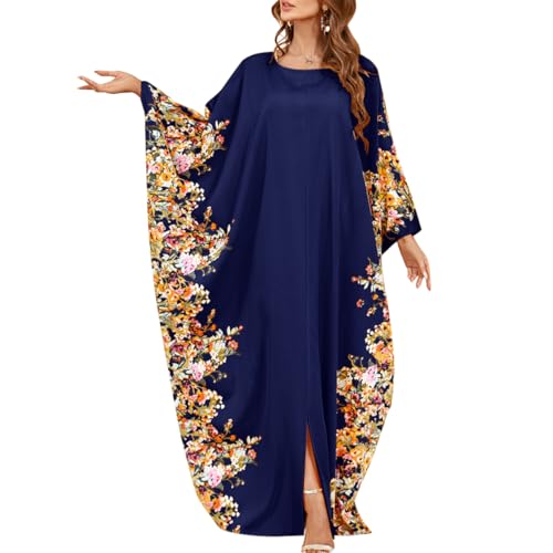 IWEMEK Women Muslim Dress Abayas Loose Maxi Caftan Dress Gown Moroccan Kaftan Dresses for Women Ramadan Eid Moroccan Abaya Kaftan for Women Turkish Long Sleeve Muslim Party Maxi Dress Navy BlueFloral - Image 1