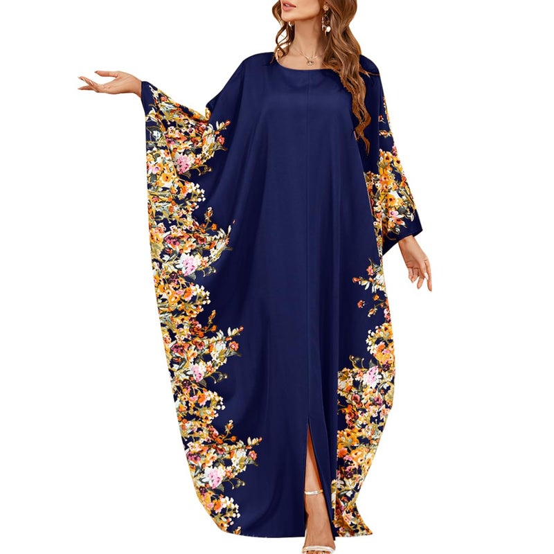 IWEMEK Women Muslim Dress Abayas Loose Maxi Caftan Dress Gown Moroccan Kaftan Dresses for Women Ramadan Eid Moroccan Abaya Kaftan for Women Turkish Long Sleeve Muslim Party Maxi Dress Navy BlueFloral - Image 2
