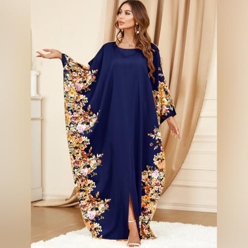 IWEMEK Women Muslim Dress Abayas Loose Maxi Caftan Dress Gown Moroccan Kaftan Dresses for Women Ramadan Eid Moroccan Abaya Kaftan for Women Turkish Long Sleeve Muslim Party Maxi Dress Navy BlueFloral - Image 3