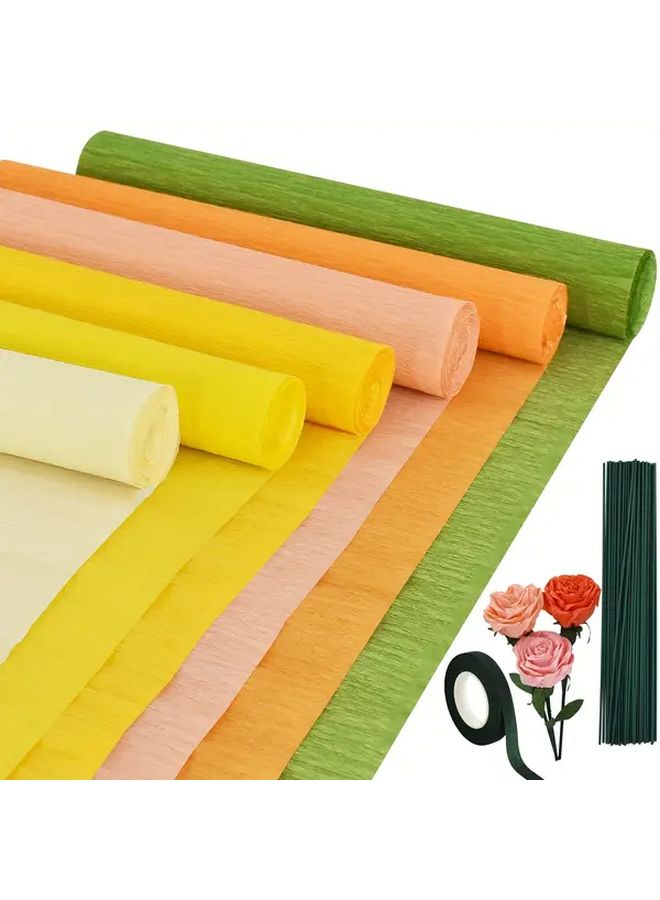 طقم الحرف اليدوية الأصفر DIY 27 قطعة ورق كريب سيقان زهور شريط لتغليف الهدايا والزهور - Image 1