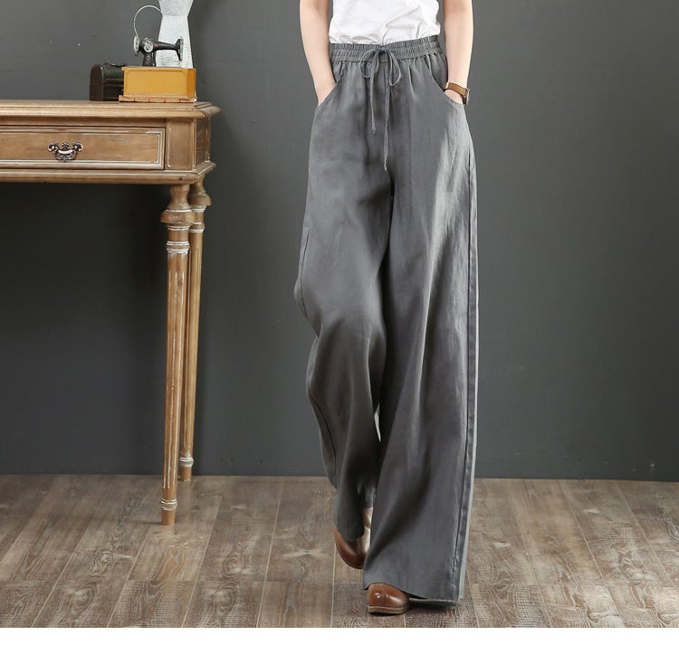 South Korea Artistic Cotton Linen Loose plus size Wide Leg Pants High Waist Floor Trousers Straight Trousers Linen Womens Pants Apricot  - Image 4
