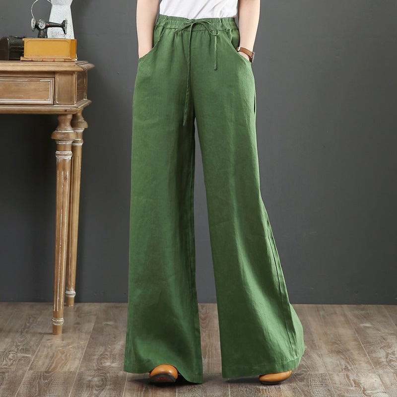 South Korea Artistic Cotton Linen Loose plus size Wide Leg Pants High Waist Floor Trousers Straight Trousers Linen Womens Pants Apricot  - Image 3