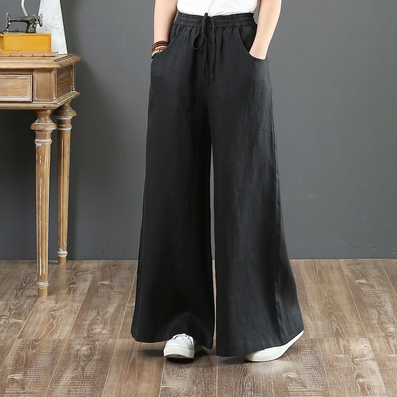 South Korea Artistic Cotton Linen Loose plus size Wide Leg Pants High Waist Floor Trousers Straight Trousers Linen Womens Pants Apricot  - Image 2