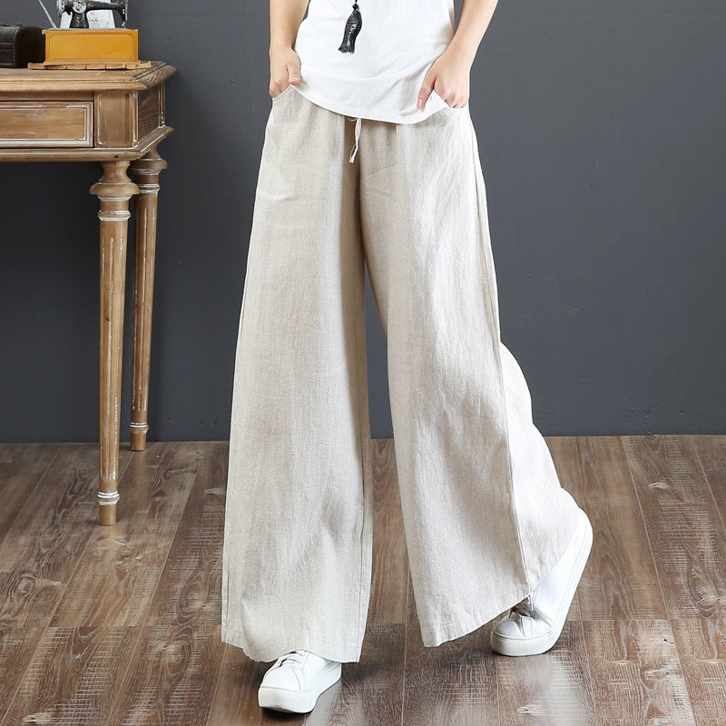 South Korea Artistic Cotton Linen Loose plus size Wide Leg Pants High Waist Floor Trousers Straight Trousers Linen Womens Pants Apricot  - Image 1