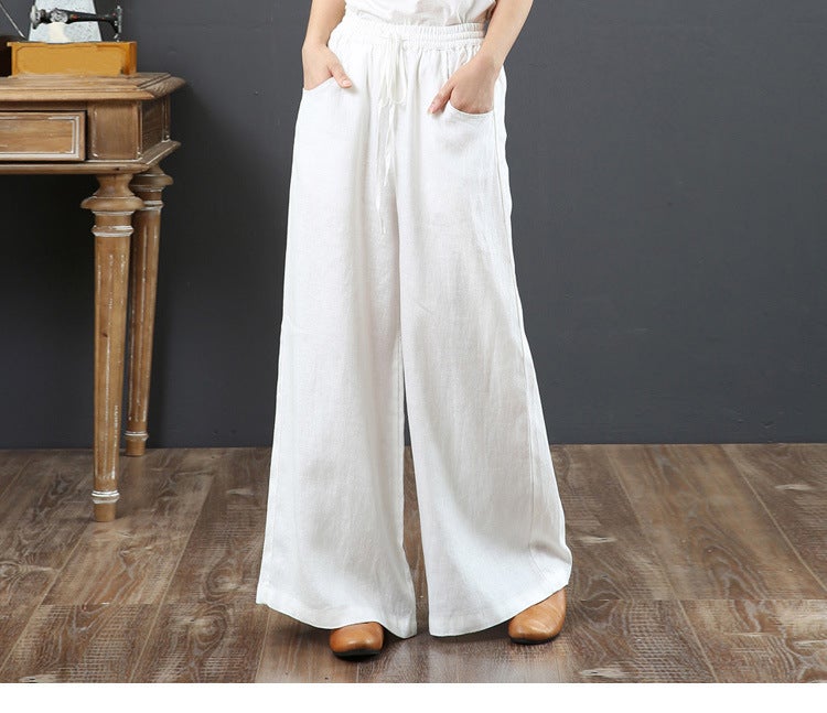 South Korea Artistic Cotton Linen Loose plus size Wide Leg Pants High Waist Floor Trousers Straight Trousers Linen Womens Pants Apricot  - Image 5
