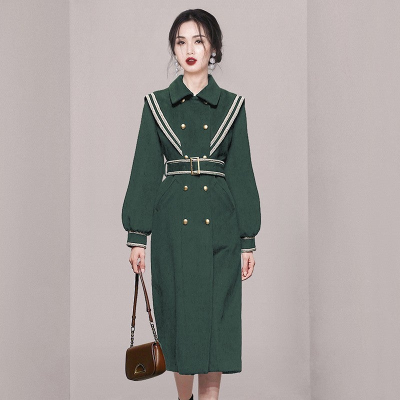 Pear-Shaped Belted Chic Coat Dress Lake water Green
