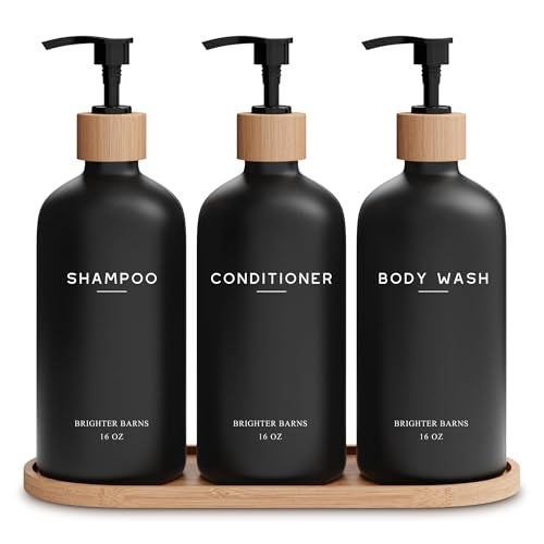 Brighter Barns Black Shampoo and Conditioner Dispenser Set by Brighter Barns - Body Wash, Shampoo Dispenser for Shower with Pump - Refillable Plastic Shower Soap Dispenser for Bathroom Decor in Home, Airbnb (Black) - Image 1