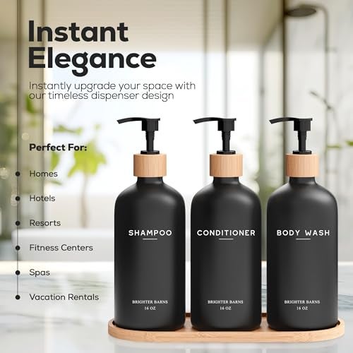 Brighter Barns Black Shampoo and Conditioner Dispenser Set by Brighter Barns - Body Wash, Shampoo Dispenser for Shower with Pump - Refillable Plastic Shower Soap Dispenser for Bathroom Decor in Home, Airbnb (Black) - Image 2