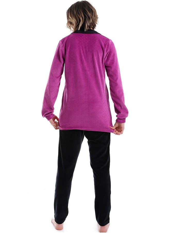 Andora - Polka Dot Pattern Notch Lapel Pajama _ Purple, Black & Fuchsia - Image 1