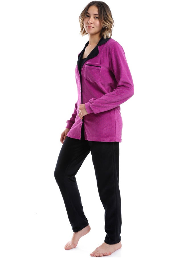 Andora - Polka Dot Pattern Notch Lapel Pajama _ Purple, Black & Fuchsia - Image 1