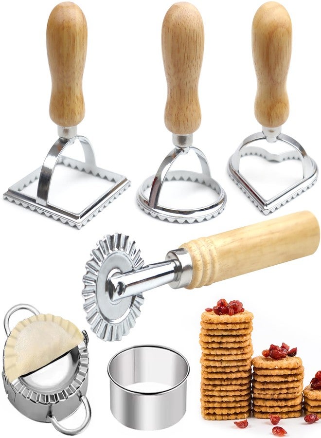 METLUCK Ravioli Pasta Maker Cutter with Roller Wheel (Set of 6), Ravioli Cutter Set with Wooden Handle, Ravioli Press Dumpling Maker Tools for Ravioli, Empanada, Lasagna, Pierogi - Image 1