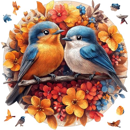 Mys Aurora Wooden Puzzles for Adults Robin Bird Couple Jigsaw Puzzles 200 Pieces 11 x 112 Inch Medium Unique Shaped Round Blue Birds Puzzles for Adults and Kids Family Game - Image 1