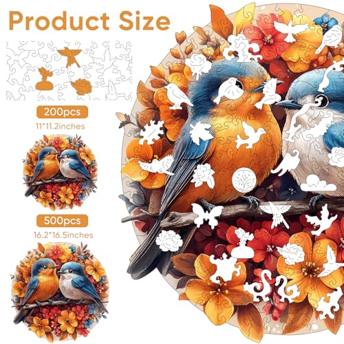 Mys Aurora Wooden Puzzles for Adults Robin Bird Couple Jigsaw Puzzles 200 Pieces 11 x 112 Inch Medium Unique Shaped Round Blue Birds Puzzles for Adults and Kids Family Game - Image 5