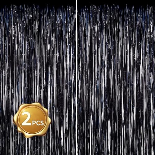 BEISHIDA 2 Pack Foil Fringe CurtainBlack Tinsel Metallic Curtains Photo Backdrop Streamer Curtain for Halloween Wedding Bridal Shower Birthday Bachelorette Graduation Party Decor328 ft x 656 ft
