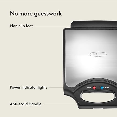 BELLA Classic Waffle Iron, 4 Square Belgian Waffle Maker, Non-stick Extra Large Plates for Easy Cleanup, Cool Touch Handles, Stainless Steel, Black, 1400W - Image 3