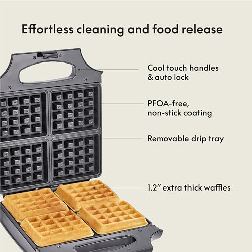 BELLA Classic Waffle Iron, 4 Square Belgian Waffle Maker, Non-stick Extra Large Plates for Easy Cleanup, Cool Touch Handles, Stainless Steel, Black, 1400W - Image 5