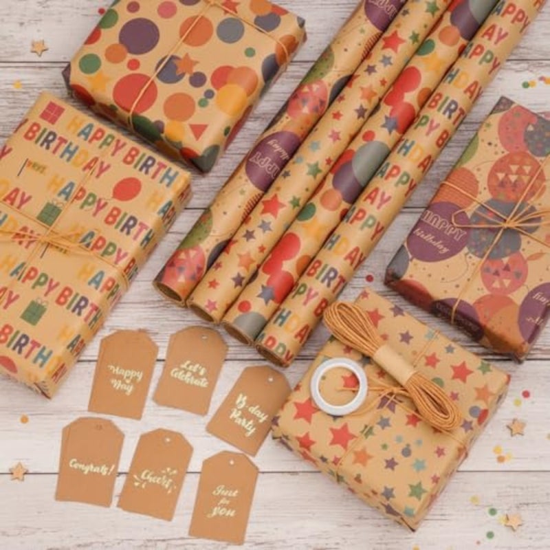 لفات ورق تغليف عيد ميلاد سعيد، ورق تغليف كرافت بني مع تصميمات عيد ميلاد مشرقة، 4 لفات 44 سم × 300 سم، نمط عيد ميلاد سعيد ملون للأولاد والبنات، مثالية لحفلات أعياد الميلاد - Image 3