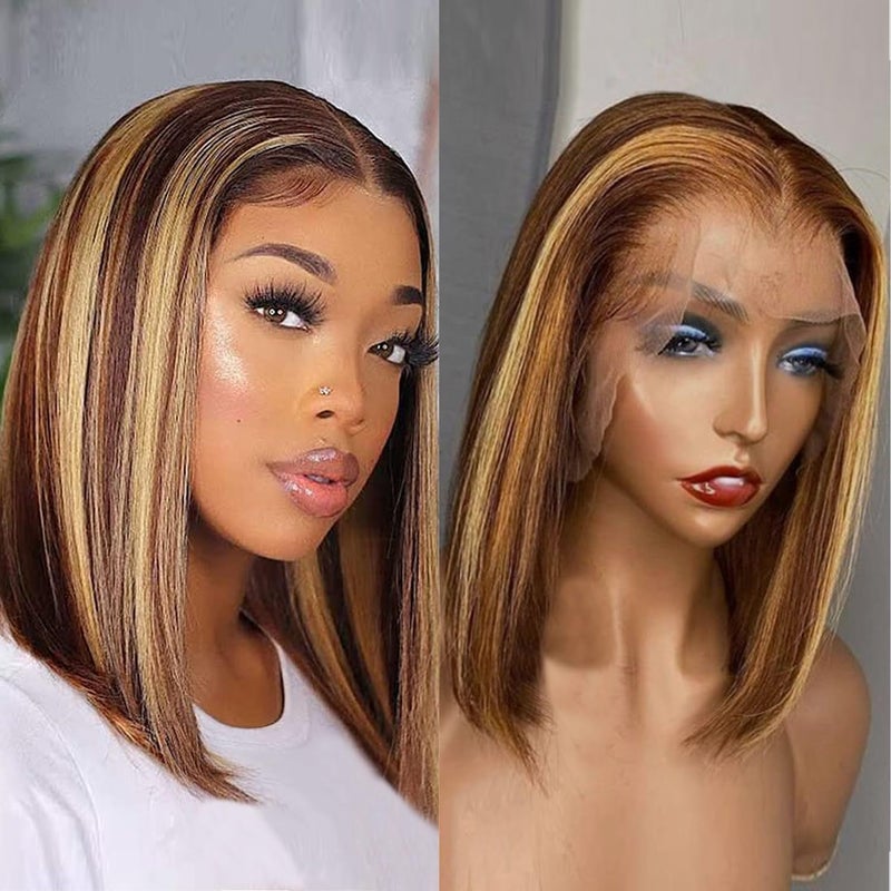 Superfect Highlight Lace Front Bob Wig Human Hair 14 Inch Ombre Honey Blonde 13x4 Hd Lace Front Wigs Human Hair Pre Plucked Middle Part 427 Colored Lace Frontal Wigs14 Inch 427 Highlight