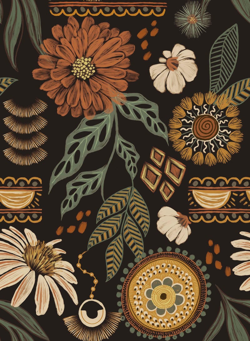 Simon&Siff Boho Wallpaper Peel and Stick, 17.3'' x 80" Sun Floral Retro Removable Contact Paper Dark Botanical Flowers Wall Mural for Decorative Bedroom Bathroom Home Wall - Image 1