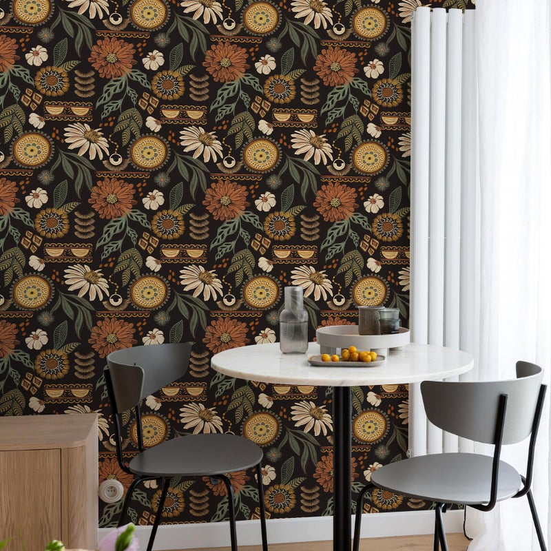 Simon&Siff Boho Wallpaper Peel and Stick, 17.3'' x 80" Sun Floral Retro Removable Contact Paper Dark Botanical Flowers Wall Mural for Decorative Bedroom Bathroom Home Wall - Image 3
